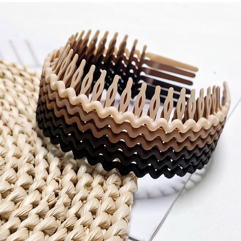 Springtime Wave Plastic Headbands for Women Girls, Flexible Comb Non-slip Hair Bands, Thin Zigzag Hair Accessories in Brown Beige Black Burgundy, Fashion Headwear for Women 6 pack