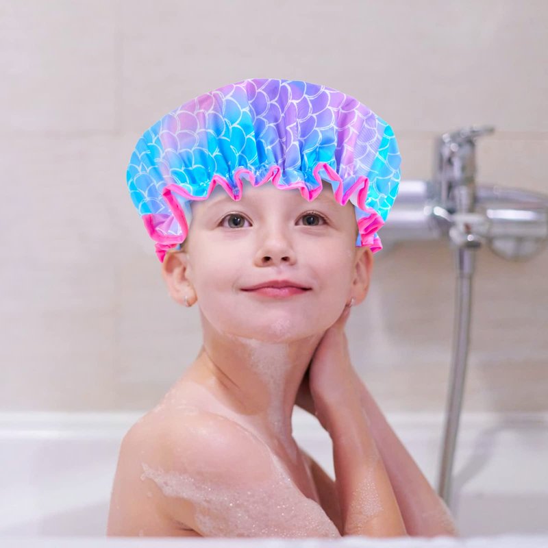 3 Pcs Kids Girls Toddler Shower Cap - Reusable Plastic Rainbow Unicorn Mermaid Hair Cap, Waterproof Adjustable Cute Head Cap for Children and Women