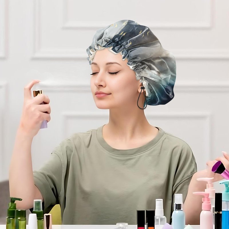 Cabreche Luxury Shower Cap Satin Silk Lined Adjustable Elastic Reusable Waterproof Shower Bath Cap Cute for Women Girls-Forest