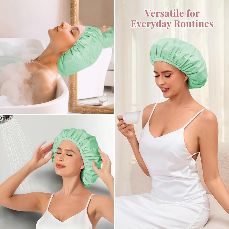 Shower Cap for Women Waterproof Reusable, Large Shower Cap Non-Slip with Elastic Band, Washable Bath Hair Hat for Long Hair, Braids (Mint Green)