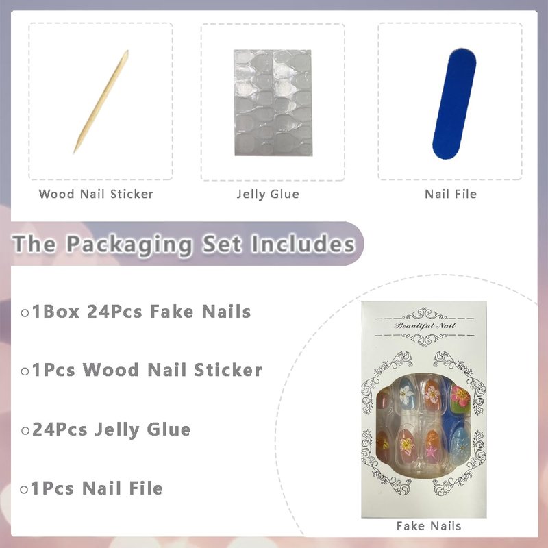 30Pcs Colorful Flower Press on Nails Short Almond Fake Nails with Gold Bead Starfish Designs Glossy Full Cover False Nail 3D Water Ripple Acrylic Nail Spring Summer Stick on Nails for Women Daily Wear