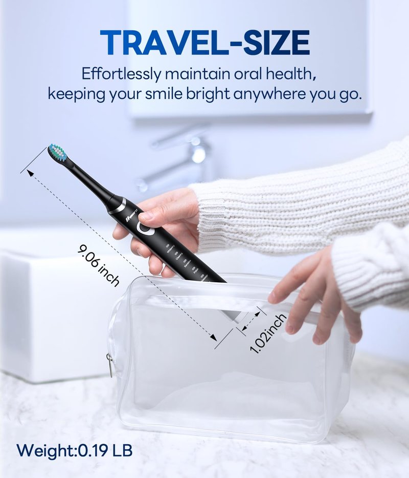 Bymore Electric Toothbrush for Adults, Sonic Rechargeable Toothbrush with 8 Brush Heads, 330-Day Battery, 5 Cleaning Modes & 2-Min Timer, Travel-Friendly Ultra Clean Design – Black