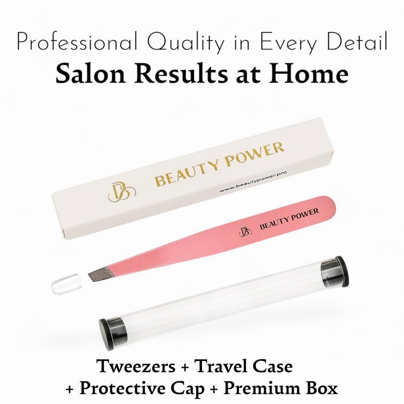 Beauty Power Slant Tip Precision Tweezers - Stainless Steel Eyebrow Tweezers for Women & Men - Precision Tweezers for Facial Hair, Ingrown Hair & Brow Shaping - Professional Beauty Tool (Pink)