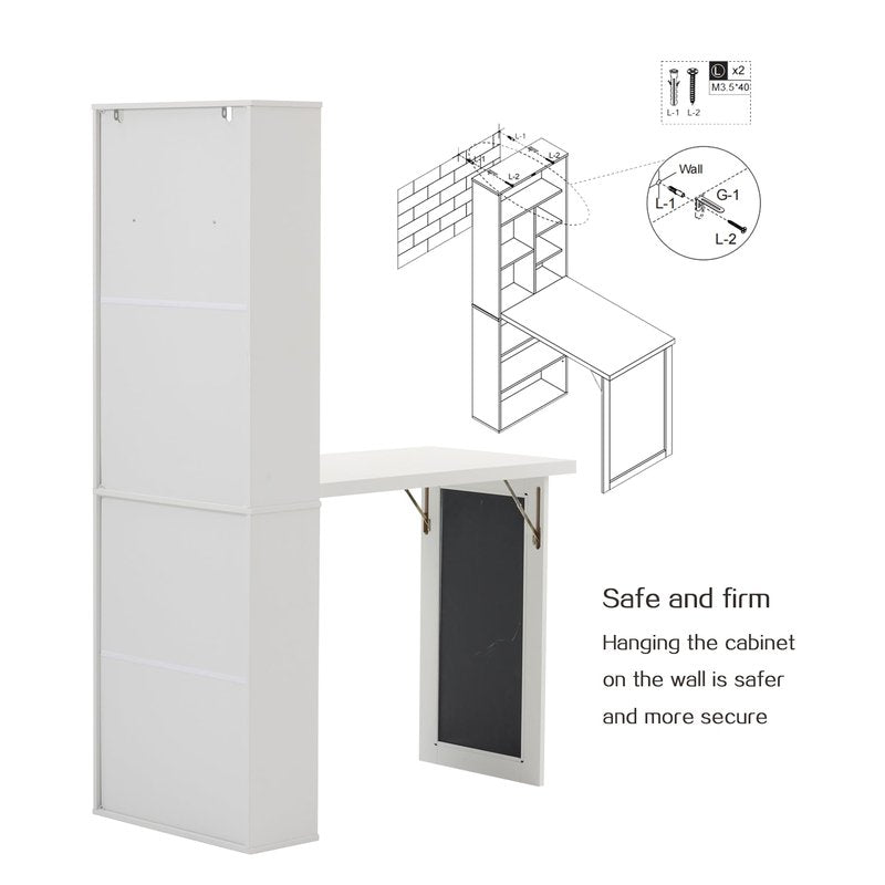 Folding Desk with Storage,Foldable Convertible Writing table with Blackboard and Shelves,Wall Mount Fold Out Table Cabinet , Space-Saving Murphy Desk Multi-Function Home Office Workstation (White)
