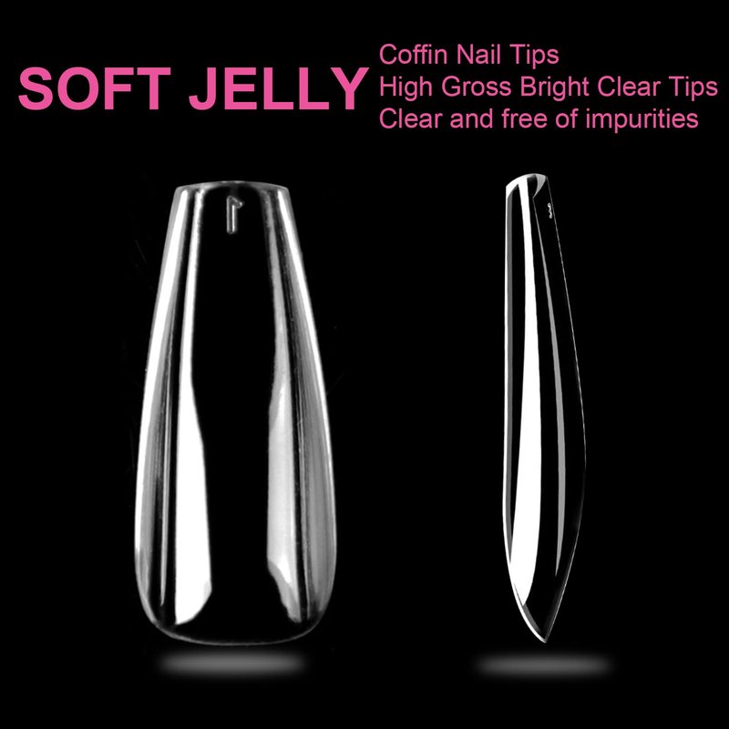 Long Coffin Nail Tips - 504pcs Clear Gel Nail Extensions | Pre-shaped Full Cover Acrylic Press-On Nails in 12 Sizes