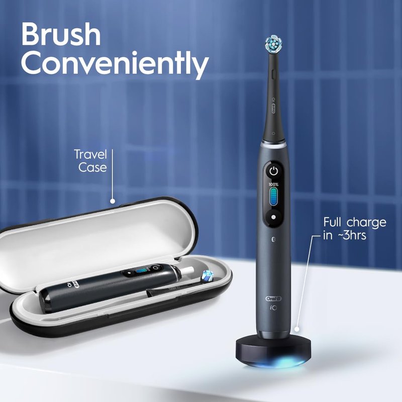 Oral-B iO Series 8 Electric Toothbrush with 2 Replacement Brush Heads and Travel Case, Rechargeable Toothbrush, Black Onyx