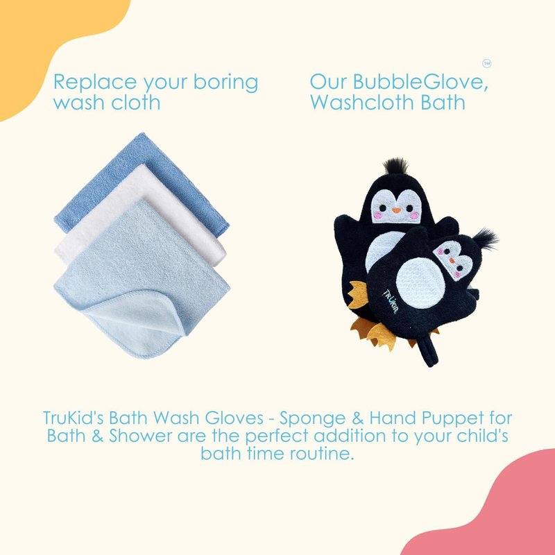 TruKid BubbleGlove, Bath Wash Gloves-Sponge - Hand Puppet for Kids & Toddler, Bath Sponge & Baby Washcloth Mitt for Kids & Adults, Body Scrubber for Mommy & Me - Penguin Set of 2