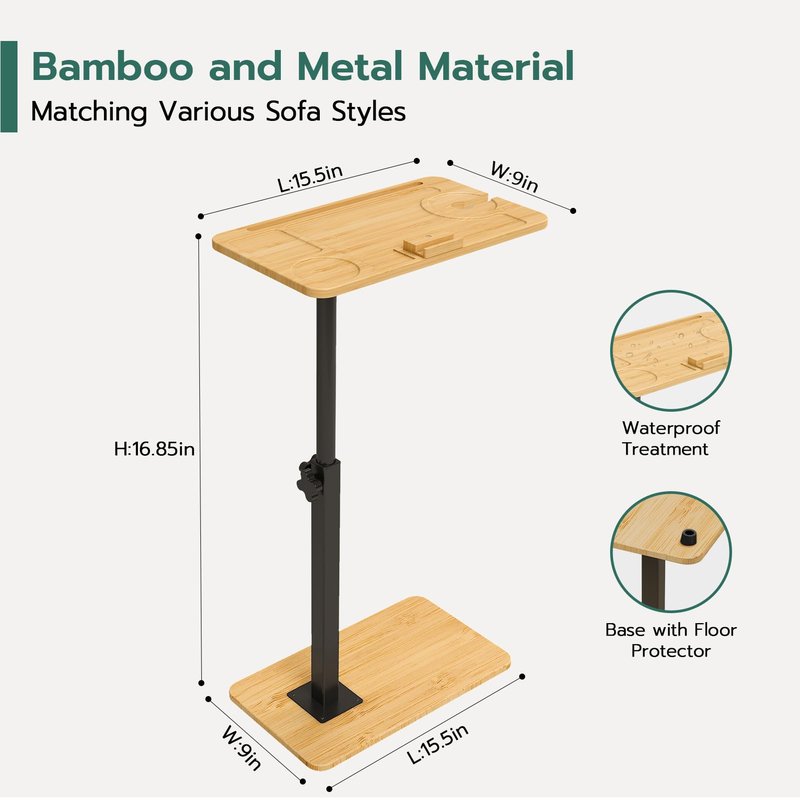 Yumkfoi C-Shaped End Table for Couch Arm, Side Table with 360° Rotating Phone Holder, Bamboo Height Adjustable TV Trays, Narrow Side Table Sofa Table Bed Tray for Living Room, Bedroom