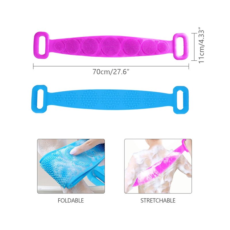 ICSTM Back Scrubber for Shower,2 Pcs Silicone Back Scrubber for Shower, Silicone Exfoliating Bath Body Brush with Handle for Mens and Womens (Blue/Purple)