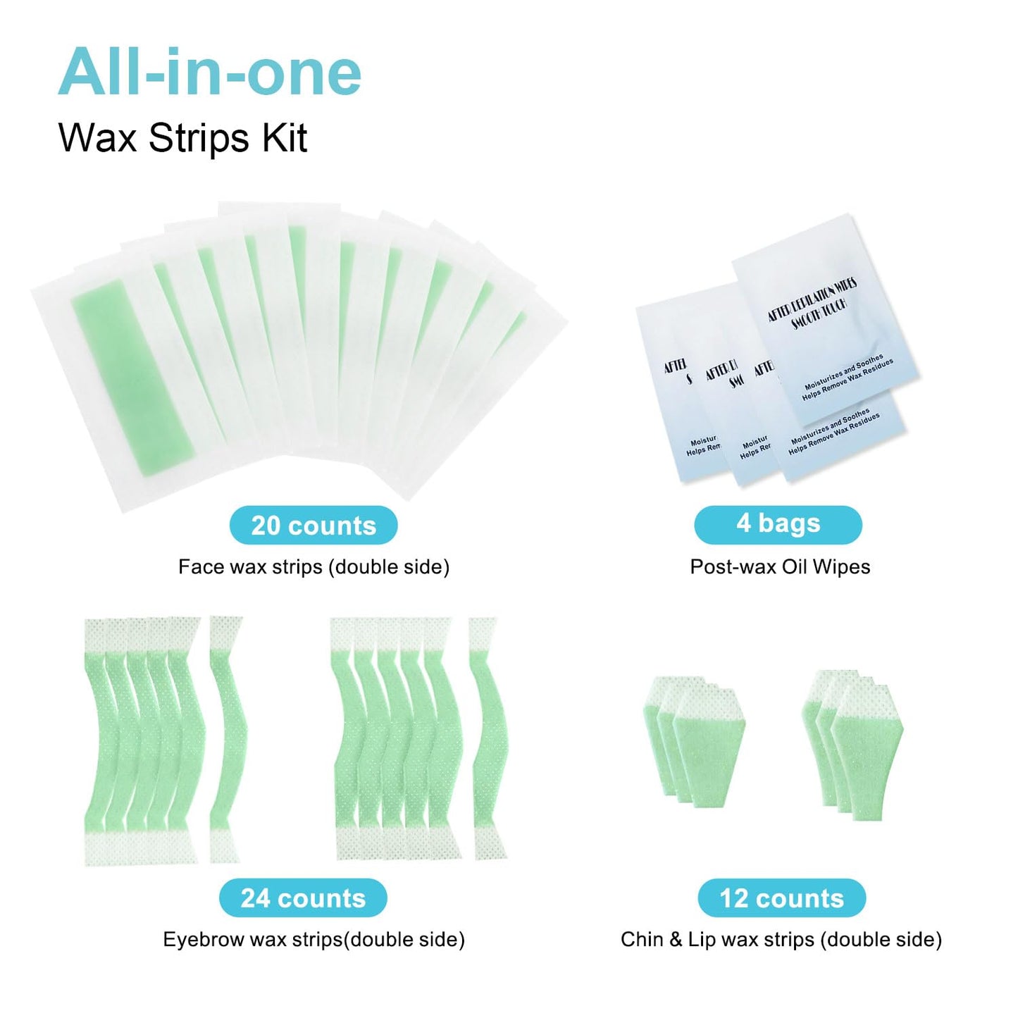 Waxfans 52PCS Wax Strips - Hair Removal Kit for Face, Eyebrows, Bikini & More | Includes 4 Post-Wax Oil Wipes