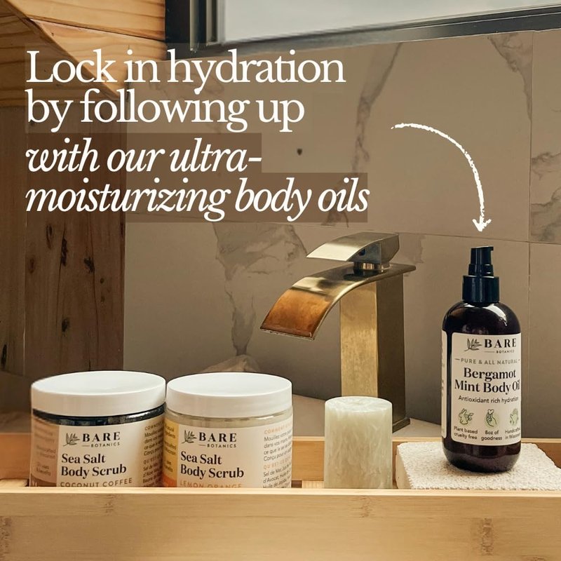 Bare Botanics Coconut Coffee Body Scrub 24oz | Made in Madison, WI | All Natural Sea Salt Exfoliator w/ Skin Loving Moisturizers | Vegan & Cruelty Free | Gift Ready Packaging w/ a Cute Wooden Spoon