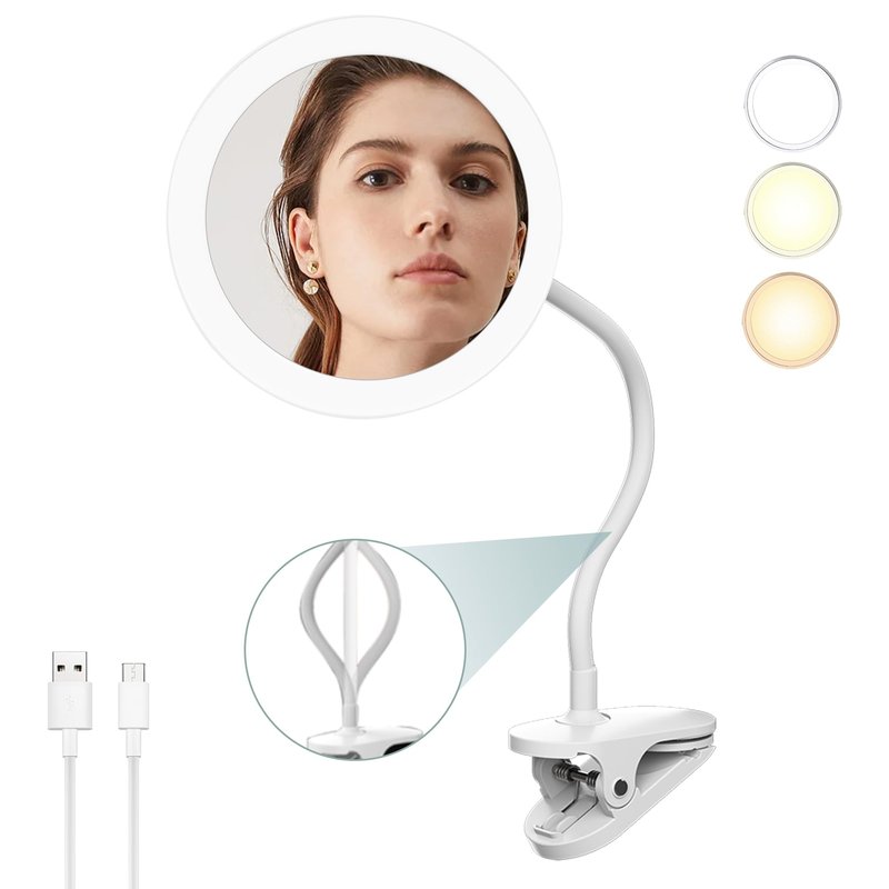 10X Magnifying Clip on Makeup Mirror Gooseneck, 6.5" Vanity Mirror with Light, 2000mAh USB Recharge 360° Rotating,Clip On Gooseneck Magnifying Vanity Mirror with Light,Travel Makeup Mirror (White 10X)