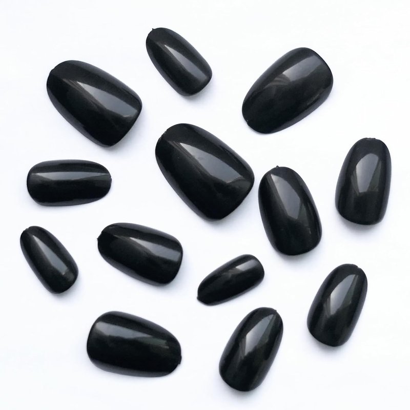 Almond Press On Nails - Short Black Full Cover Acrylic Tips | 240 Round Fake Nails with Adhesive for Women & Kids