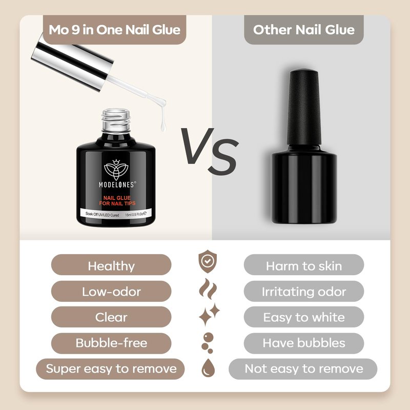 Modelones 9 in One Nail Glue Polish Set Brush On Gel Nail Glue 15ml for Rhinestone, Base Gel, Blooming Nail Art Gel Nail Kit Strengthener Treatment for Weak and Damaged Acrylic Nails U V Lamp Needed