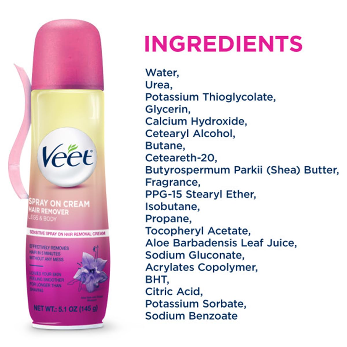 Hair Removal Cream – VEET Legs & Body 3 in 1 Spray On Hair Removal Cream, Sensitive Formula with Aloe Vera and Vitamin E, 5.1 oz Spray Can