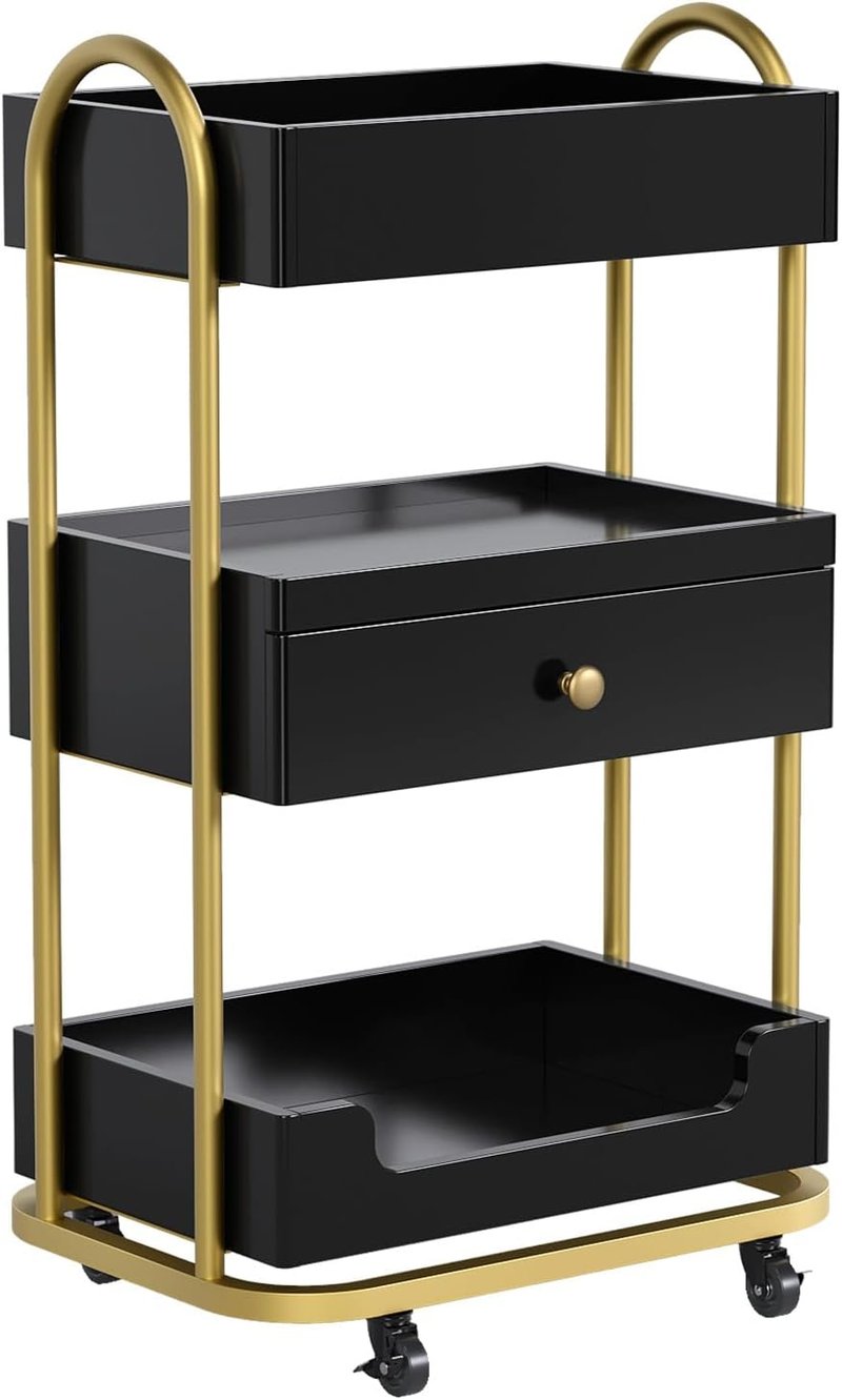 OmySalon Salon Trolley Cart - Mobile Hair Styling Station with 3 Trays & 1 Drawer | Black