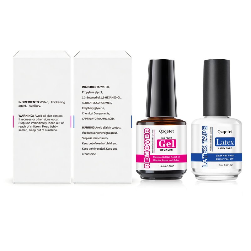 Qzqetet Gel Nail Polish Remover Kit - 15ML(0.5fl.oz) Fast Gel Remover with Latex Tape Peel Off Liquid and Manicure Tools, No Soaking or Wrapping Needed, Easy Removal for Gel Nails
