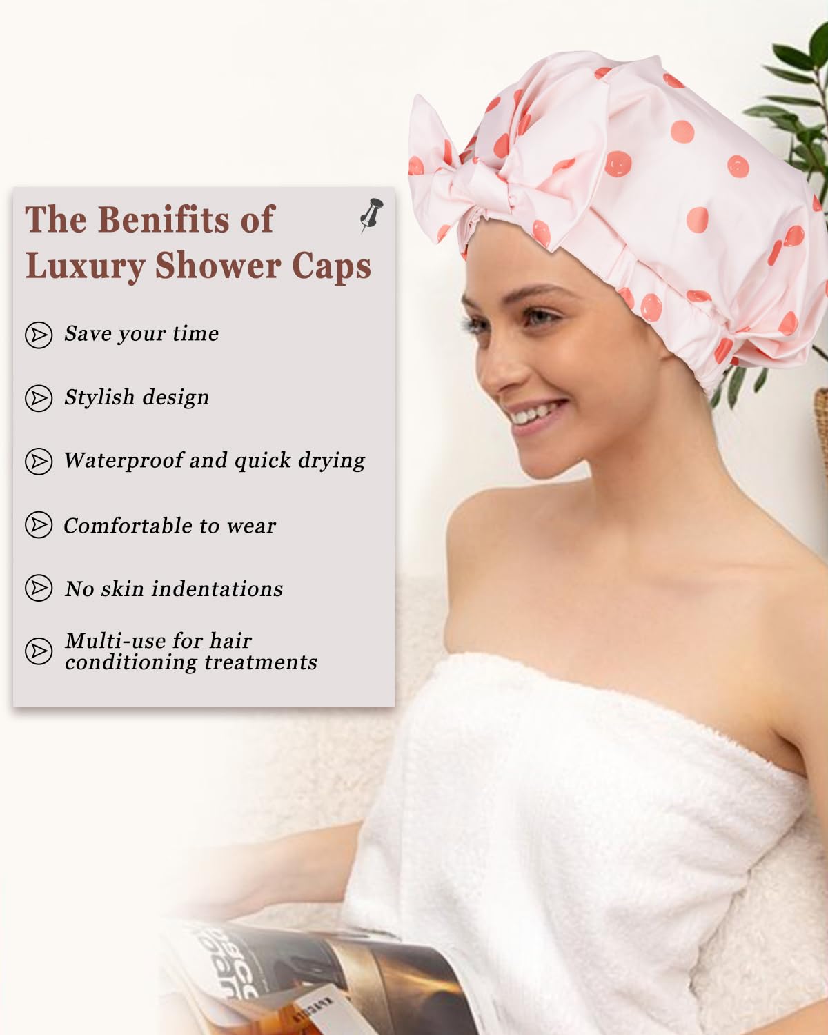 Luvruitaky Shower Cap Luxury Shower Caps for Women Reusable Waterproof Hair Cap for Shower with Adjustable Bowknot Hair Bath Cap (Pink)
