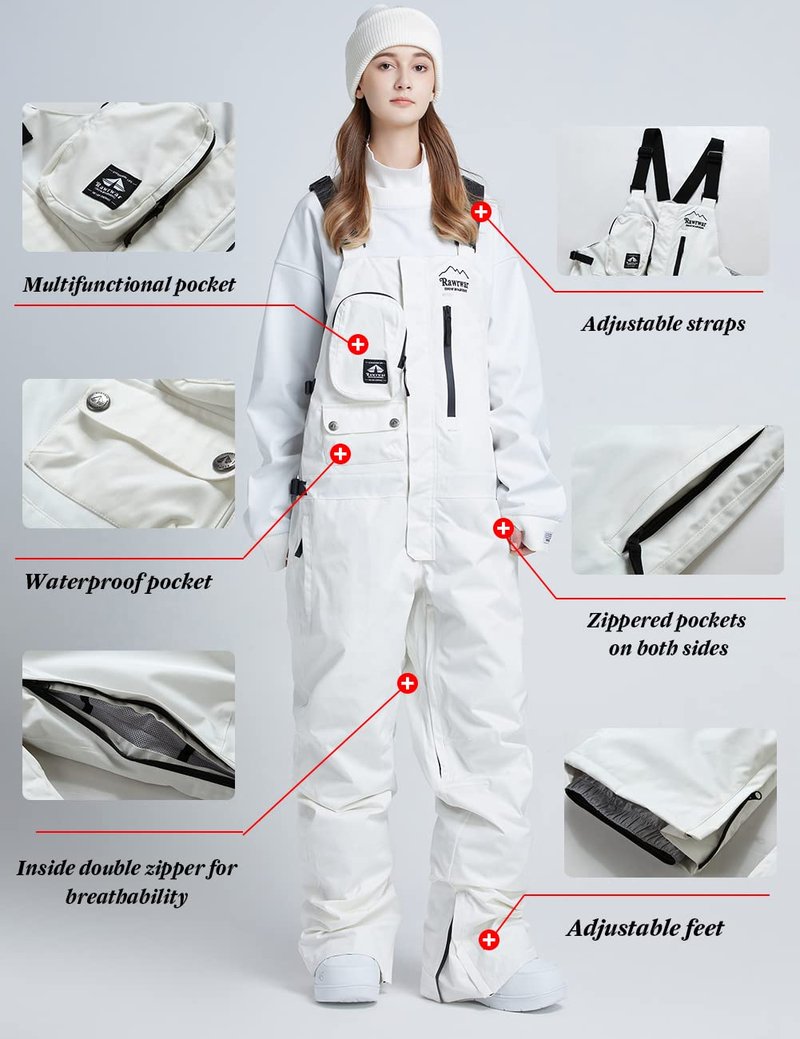 Come Wonka Women and Men's Ski Overalls Waterproof Snow Bibs Ski Pants Windproof Insulated Overalls Pants Outdoor Snowboard Pant White-S