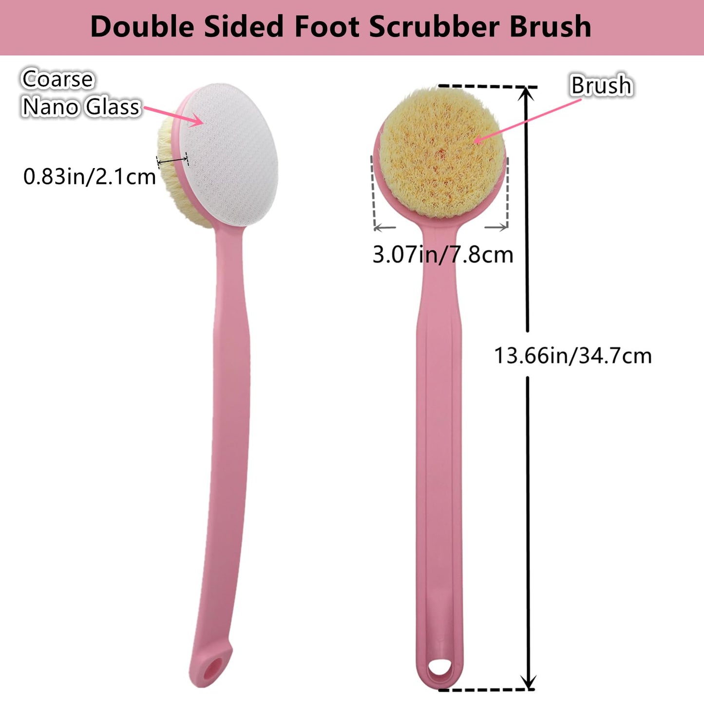 YIOYOODA Nano Glass Foot File Callus Remover, 13.7" Long Handle Foot Scrubber Brush, 2-in-1 Pedicure Tool Hard & Dead Skin Remover, Back Scrubber Body Brush for Shower Deep Cleansing Exfoliating, Pink