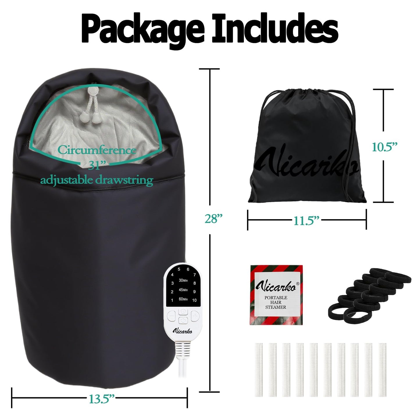 VICARKO Steamer Cap for Deep Conditioning - Extended Hood with 10 Heat Levels, 3 Timers, Portable Thermal Treatment for Natural Curly Hair, Black