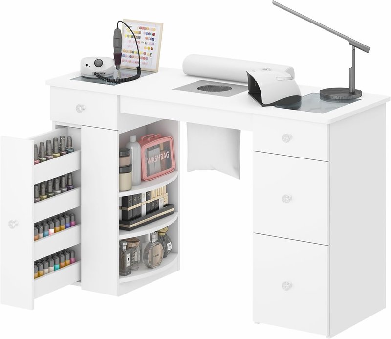 Regine Switzerland Manicure Table - Acetone-Resistant Nail Desk with Glass Top & Visible Drawers | White