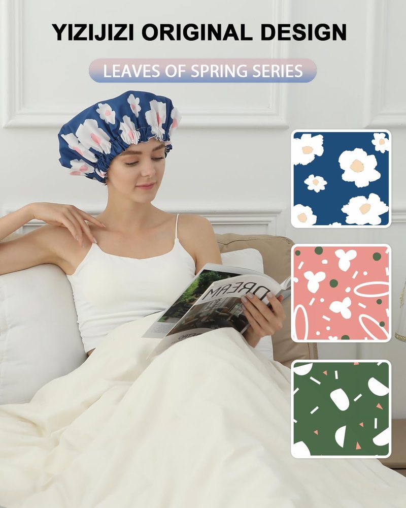 YIZIJIZI Shower Cap - Two Layer Waterproof Large Shower Cap for Women, Reusable Shower Caps for Long Thick Hair, Adjustable for Double Layer Adjustable Soft Bath Shower Caps (Blue)