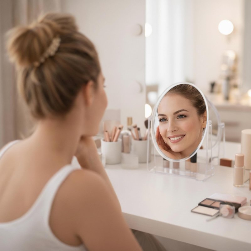 A AIKOOL 5X Magnifying Travel Mirror, Double Sided 1X/5X Stand Up Makeup Mirror for Desk, 360° Swivel Tabletop Design