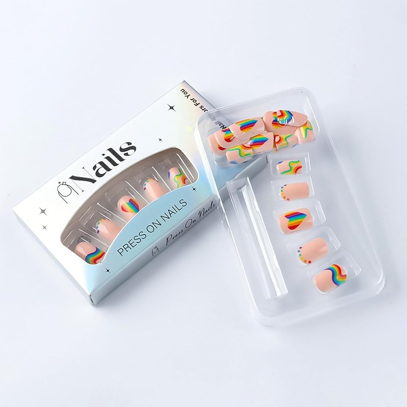 Skiennix Rainbow Stripe Press-On Nails - Colorful Heart Polka Dot Design | Short Square, 24 Pcs