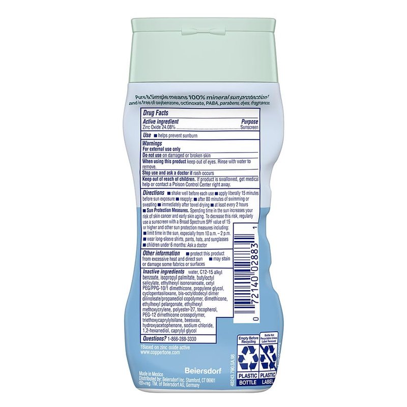 Coppertone Pure and Simple Zinc Oxide Mineral Sunscreen Lotion SPF 50, Water Resistant Sunscreen for Sensitive Skin, Hypoallergenic and Fragrance Free, 6 Fl Oz Bottle