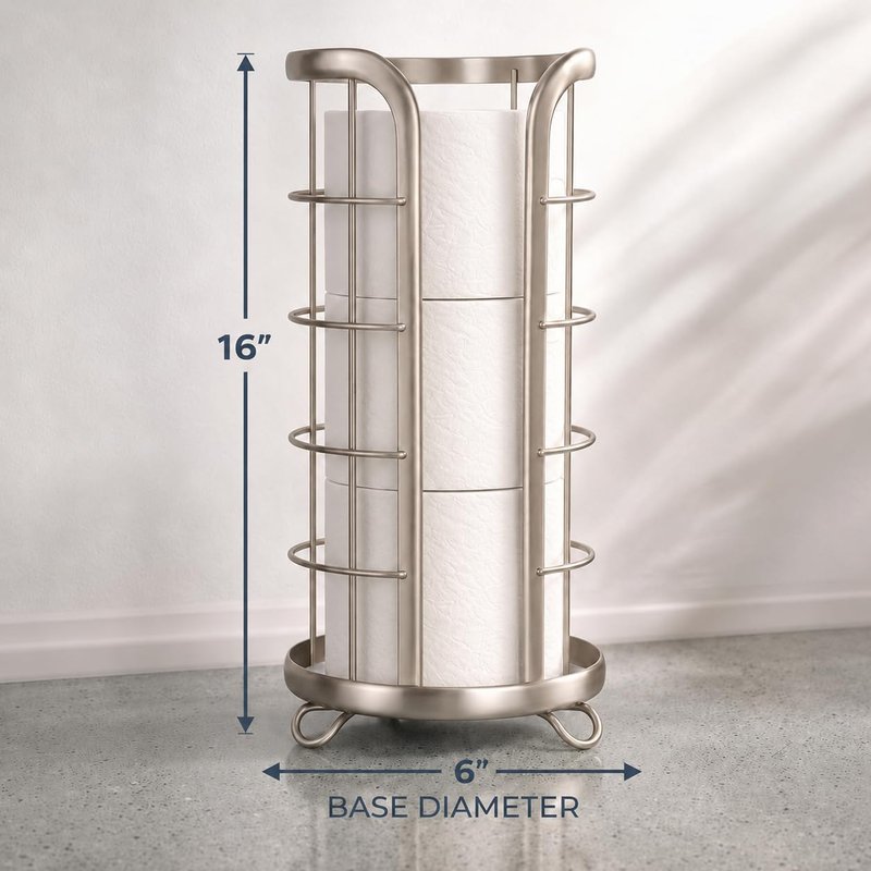 BROOKSTONE Toilet Paper Holder Stand Reserve - Free Standing Toilet Paper Stand with Storage that Holds Mega Rolls, Standing Bathroom Tissue Organizer, Bathroom Decor - Modern Storage Holder, Nickel