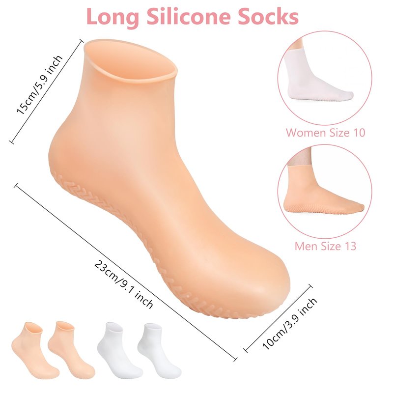 Silicone Moisturizing Socks for Dry Cracked Feet - 2 Pairs, XL Long Size, Non-Slip Heel Socks for Women and Men - High Stretch Foot Care Pedicure - White & Beige