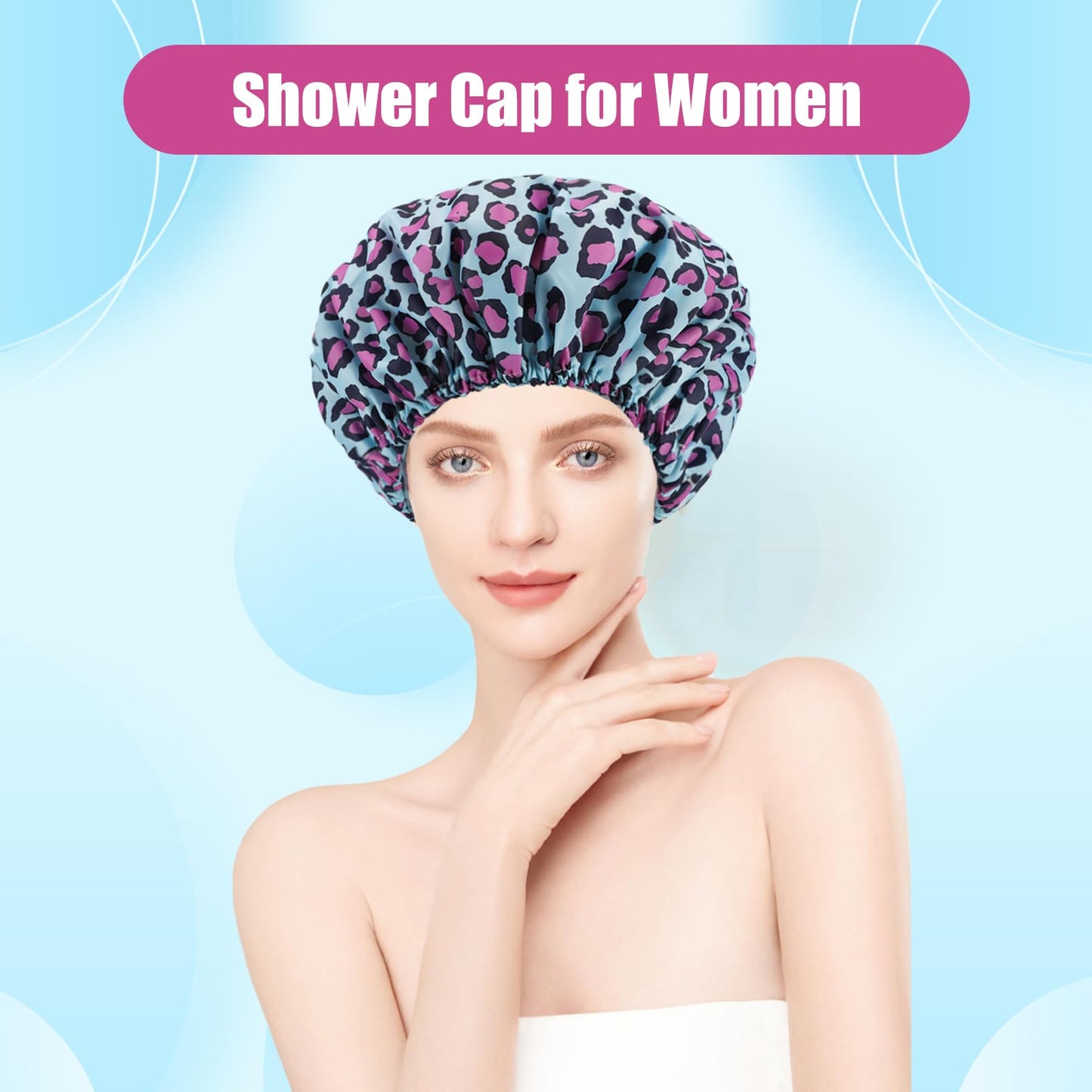 Erinnmy 4 PCS Shower Caps for Women,Reusable Waterproof Shower Cap,Double Layers Bath Caps,Large Shower Cap with EVA Lining,Elastic Bathing Hair Cap for All Hair Lengths(Leopard 1)