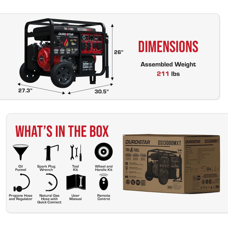DuroStar DS13000MXT 13,000-Watt 500cc Tri Fuel Portable Generator - Gas, Propane & Natural Gas, Remote Electric Start, Whole Home Power Backup, Transfer Switch Ready, RV & Emergency Ready