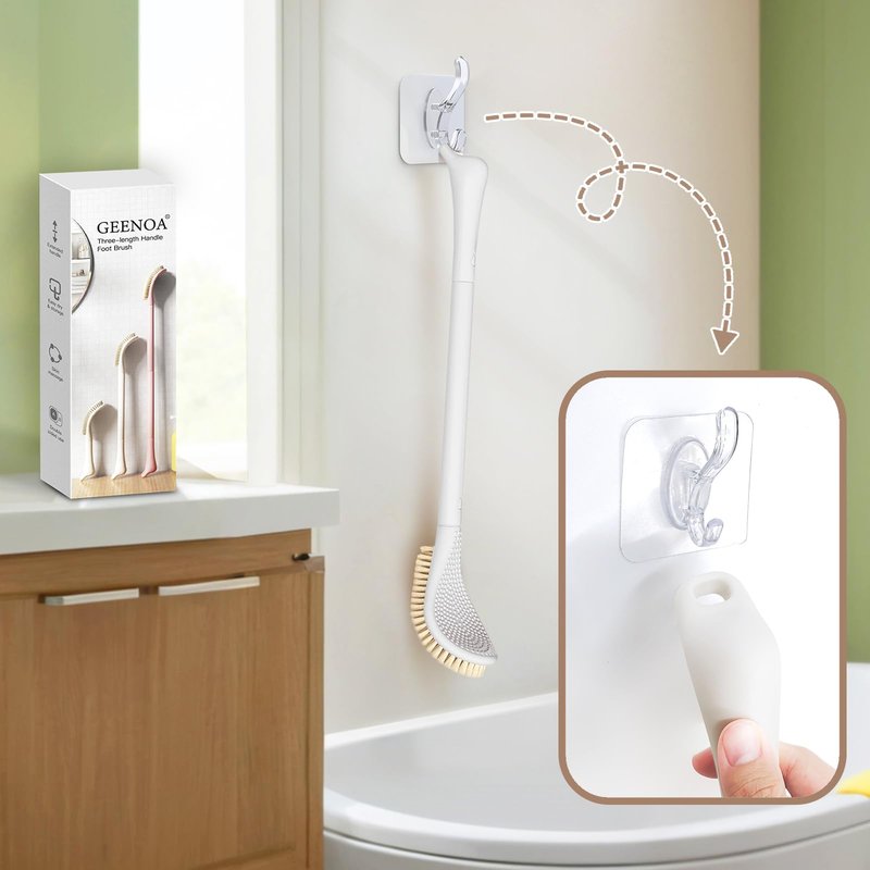 GEENOA New Foot Brush with Adjustable Long Handle, 3-in-1 Foot Scrubber for Wet or Dry Brushing, 10.2’’- 27.5’’ Foot Scrub Brush for Senior, Pregnant, Disabled, or Injured, Gift-Box Packed(White)