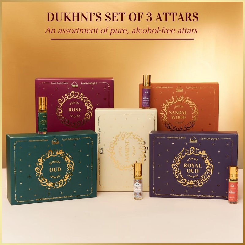 Dukhni Royal Oud Attar Oil Set - Pure Original Oudh Oil | 3 Mini Roll-On Perfumes (6ml Each) - Perfect Eid & Ramadan Gifts