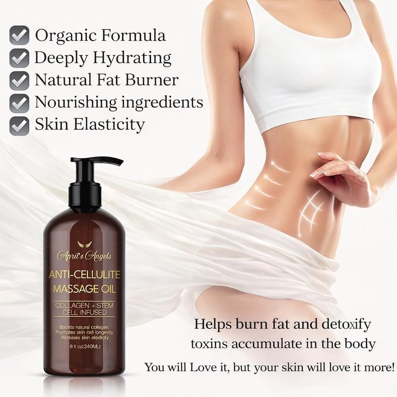 April's Angels Anti-Cellulite Massage Oil with Collagen & Stem Cell Infused. Skin Elasticity, Firmness, Deep Hydration. 8 fl oz