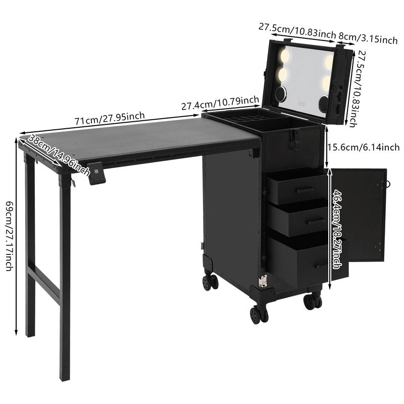 FuoiDuu Rolling Manicure Table with 3 Drawers, Portable Makeup Train Case with Foldable Desk, Lockable Nail Desk with Lightening HD Glass Mirror for Hairdressers, Beauticians (Black)