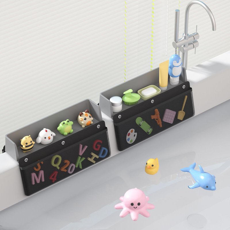 Silicone Bathtub Splash Guard 2-Pack with 10 Suction Cups & Hanging Mesh Shower Caddy, Tub Topper Splash Guard for Kids Bath Tub Water Guard Bathtub Ledge Guard with Detachable Mesh Shower Organizer
