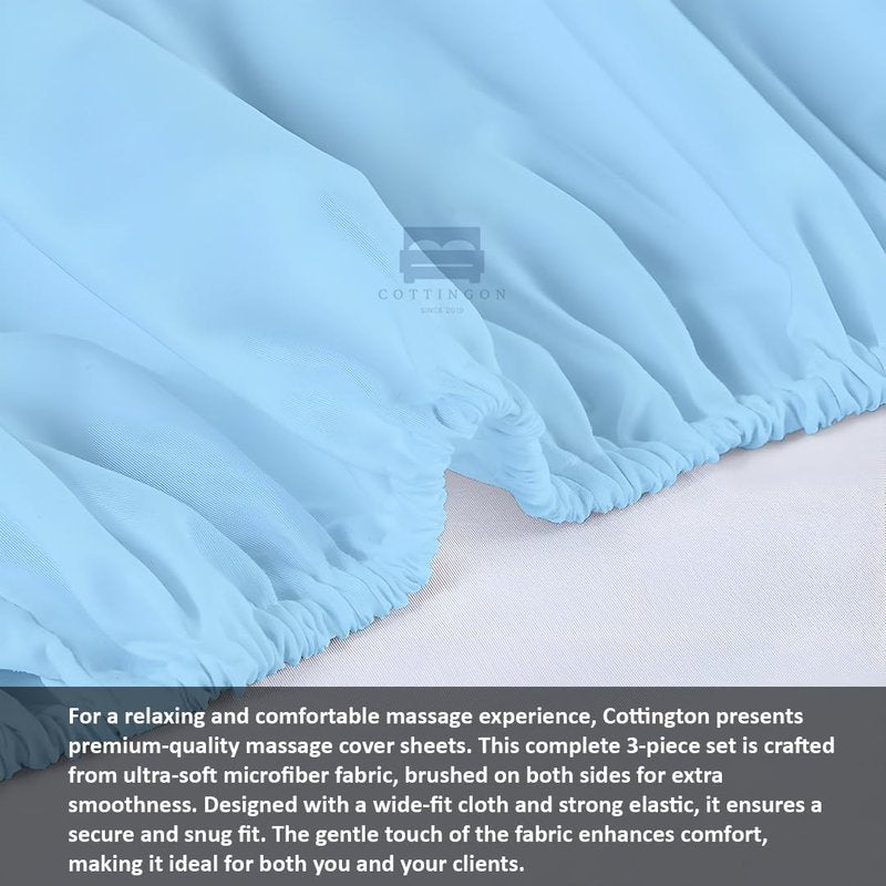 Cottingon 3 Piece Massage Table Sheet Set, 100% Brushed Premium Microfiber Ultra Light, Wrinkle free, Facial Bed Cover Fits 36" x 77" upto 7"Deep Massage Beds, Light Blue