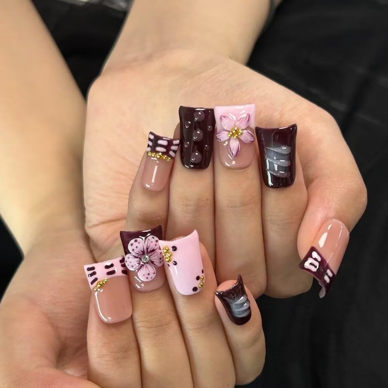 Press On Nails - Handmade French Purple Duckbill Fake Nails - 10 Pcs Reusable 3D Acrylic Nail Kit | Size M