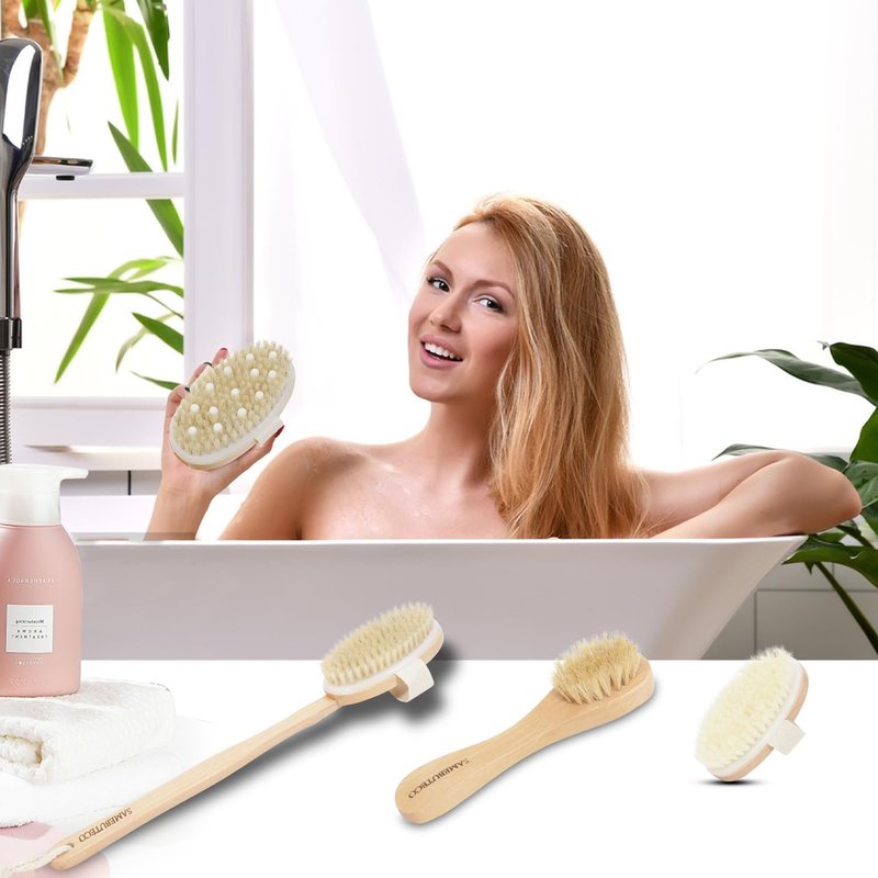 SAMEBUTECO Dry Brushing Body Brush Set with Slide-in Long Handle, 4-in-1 Wooden Bath Scrubber with Face Brush & 3 Interchangeable Heads (Boar Bristle, Soft Washer, Nodal Massager) for Exfoliating