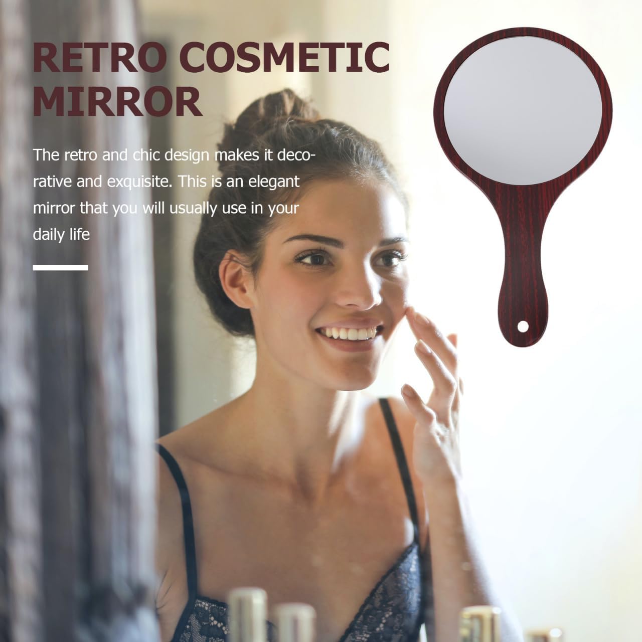Wooden Handle Handheld Makeup Mirror - Lightweight Round Cosmetic Mirror for Travel & Home Use