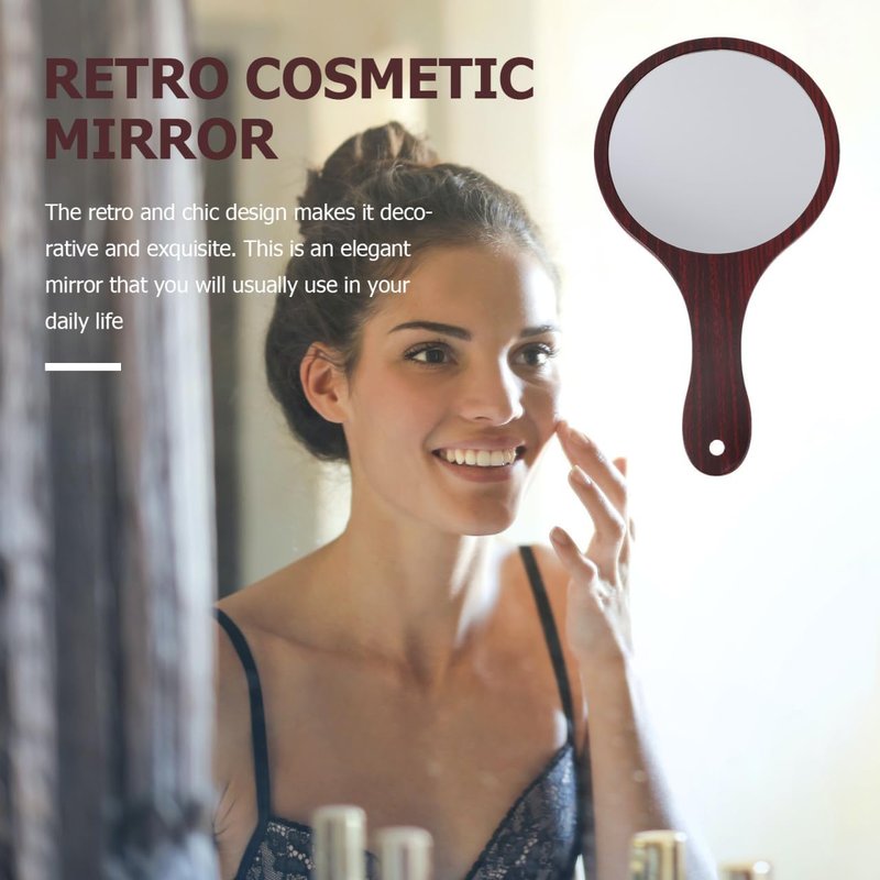 Wooden Handle Handheld Makeup Mirror - Lightweight Round Cosmetic Mirror for Travel & Home Use