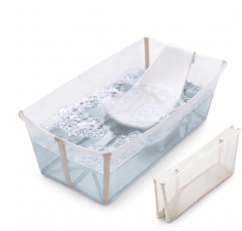Stokke Flexi Bath Bundle, Sandy Beige - Foldable Baby Bathtub + Newborn Support - Durable & Easy to Store - Convenient to Use at Home or Traveling - Best for Newborns & Babies Up to 48 Months