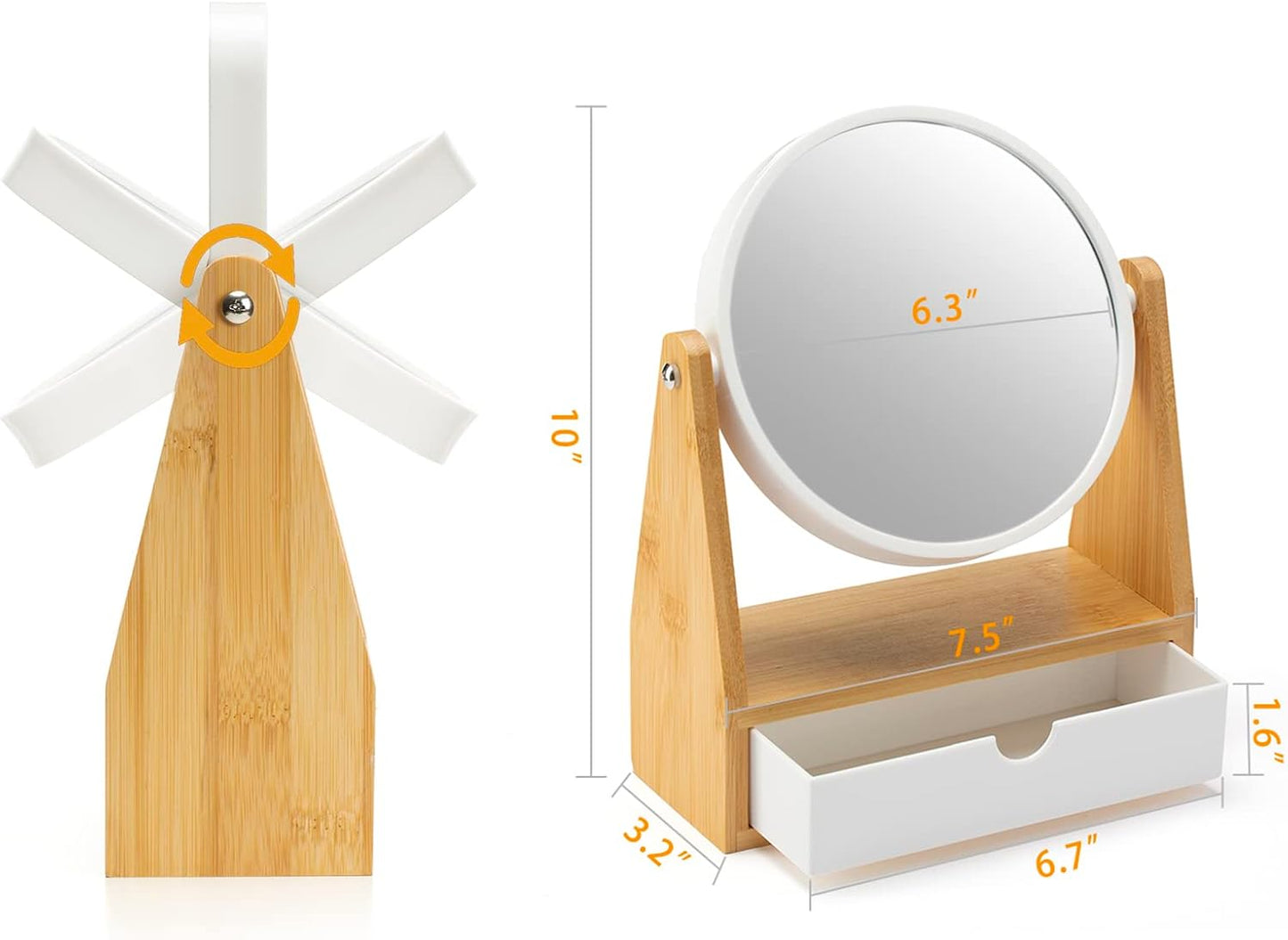 YEAKE Double-Sided Magnifying Vanity Makeup Mirror - 1X/3X with Bamboo Stand & Drawer | Portable Round Design