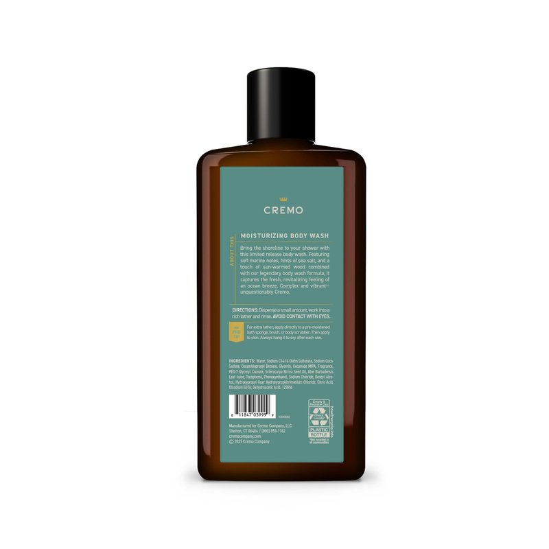 Cremo Rich-Lathering Coastal Breeze Body Wash Men, Notes of Salty Air, Coconut Water, and Mossy Woods, 16 Fl Oz
