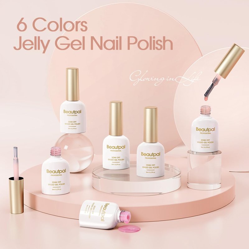 Larvall Beautpal Jelly Gel Nail Polish Set Sheer Nude Jelly Pink Gel Polish Transparent Gel Polish Set for Salon Gel Manicure and Nail Art DIY at Home 8ML 6PCS