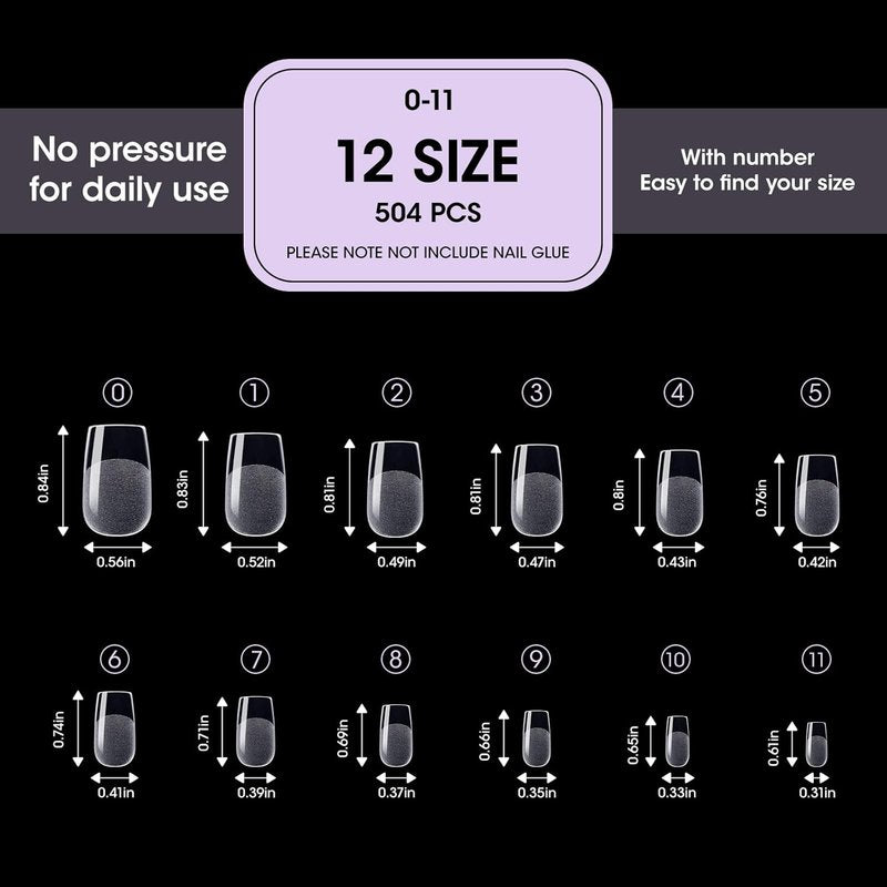 Short Square Nail Tips - 504pcs Full Cover Clear Acrylic Press-On Nails | Half Matte Inner Surface, 12 Sizes Available