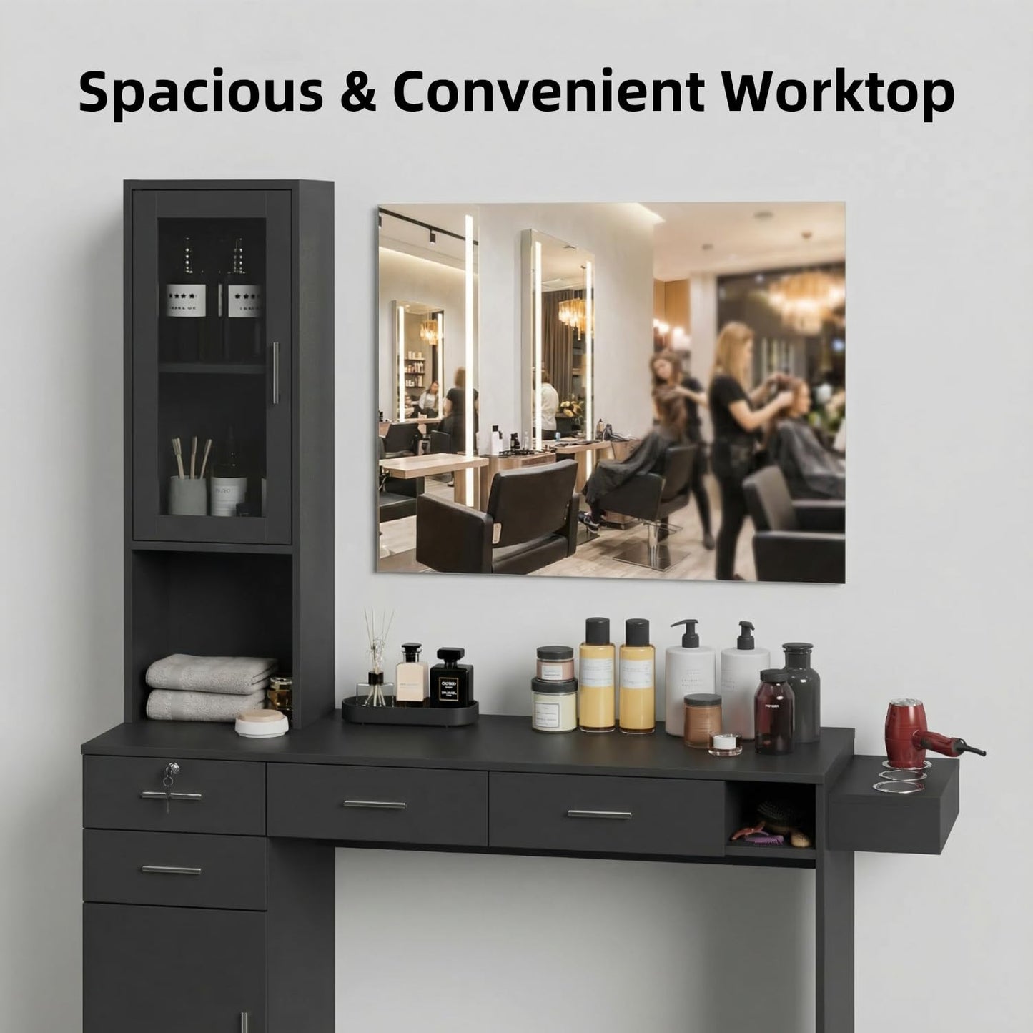 Skiennix Salon Station - Wall Mount Barber Cabinet with 3 Hair Dryer Holders & Storage Drawers | Black